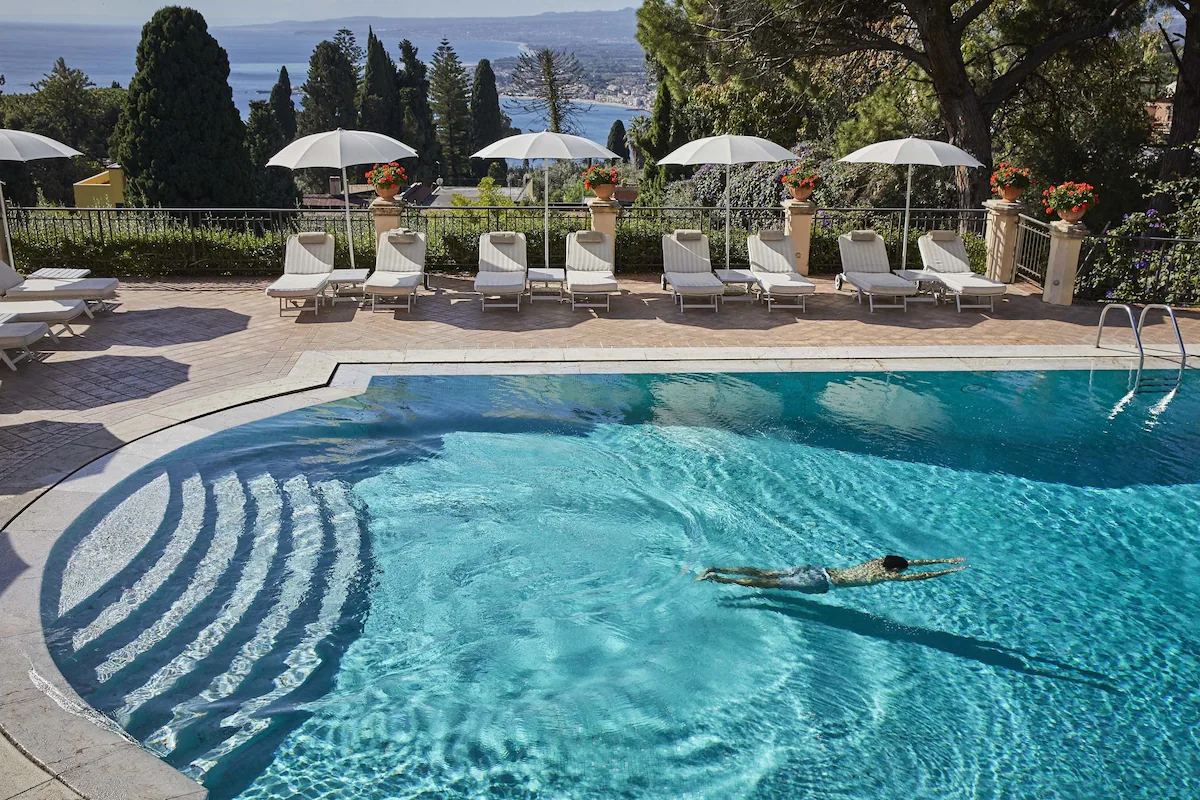 Grand Hotel Timeo Taormina — terrace with views over the Greek Theatre and Mount Etna